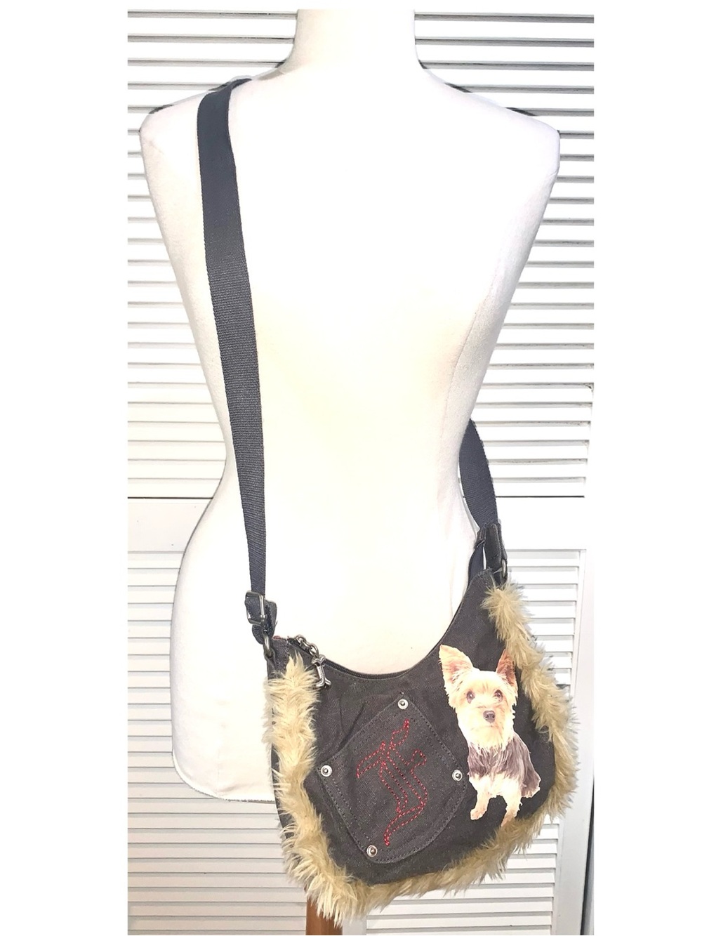 FuzzyNation Yorkshire Terrier crossbody bag accented with fluffy faux fur trim